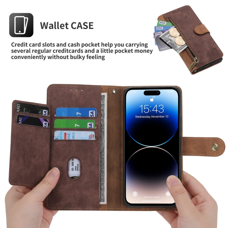 For iPhone 15 Pro POLA Dual-color Zipper Wallet RFID Leather Phone Case(Burgundy Brown)