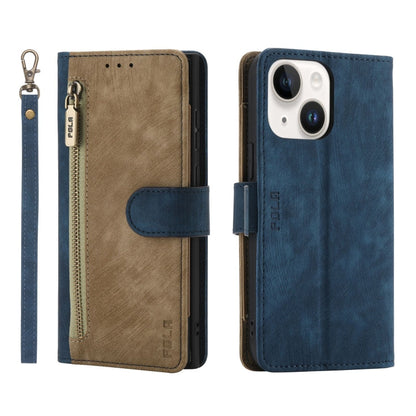 For iPhone 14 Plus POLA Dual-color Zipper Wallet RFID Leather Phone Case(Yellow Blue)