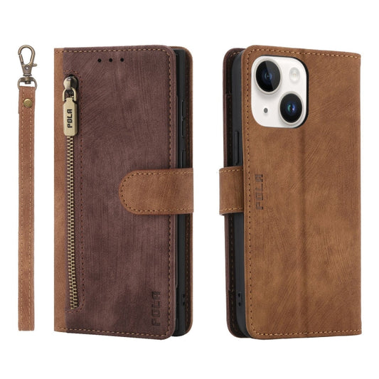 Pour iPhone 14 Plus Étui portefeuille en cuir POLA bicolore avec fermeture éclair et protection RFID (Bourgogne Marron)