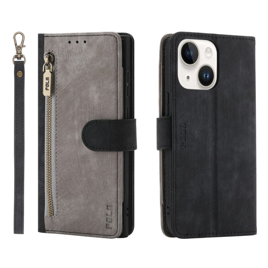 Pour iPhone 14 Étui portefeuille à fermeture éclair bicolore en cuir RFID POLA (gris noir)