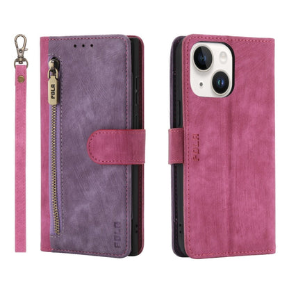 Pour iPhone 14 POLA Étui portefeuille en cuir avec fermeture éclair bicolore RFID (rose violet)