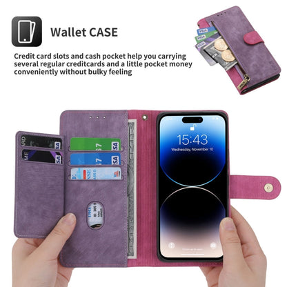 Pour iPhone 14 POLA Étui portefeuille en cuir avec fermeture éclair bicolore RFID (rose violet)
