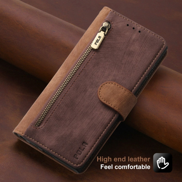 For iPhone 14 POLA Dual-color Zipper Wallet RFID Leather Phone Case(Burgundy Brown)