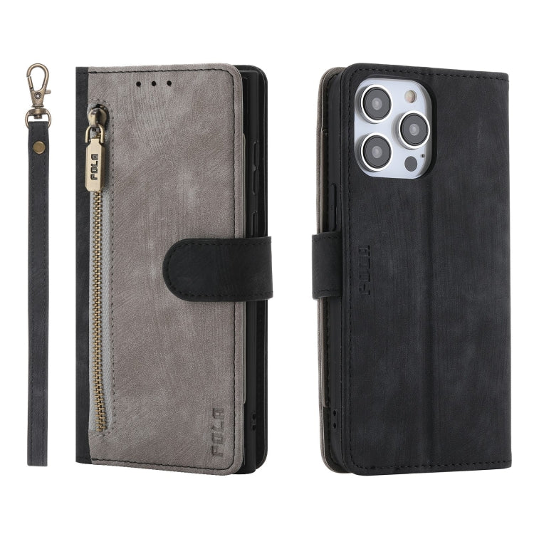 For iPhone 14 Pro Max POLA Dual-color Zipper Wallet RFID Leather Phone Case(Grey Black)