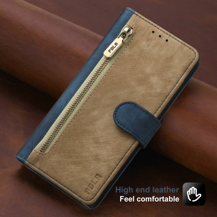 For iPhone 14 Pro Max POLA Dual-color Zipper Wallet RFID Leather Phone Case(Yellow Blue)