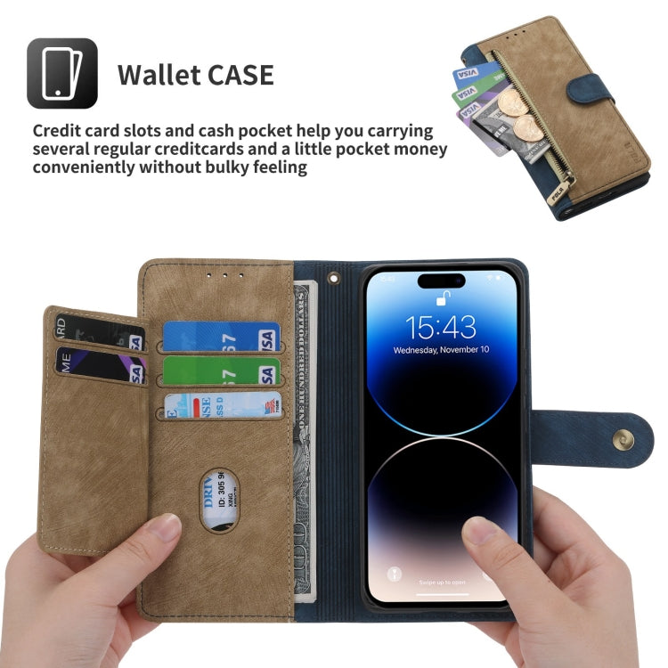 For iPhone 14 Pro Max POLA Dual-color Zipper Wallet RFID Leather Phone Case(Yellow Blue)