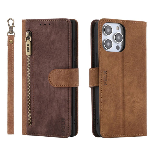 Pour iPhone 14 Pro Max POLA Étui portefeuille en cuir RFID bicolore avec fermeture éclair (bourgogne et marron)