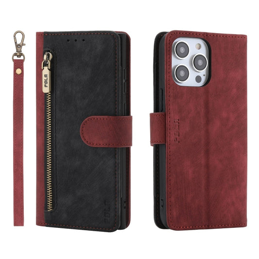 Pour iPhone 13 Pro POLA Étui portefeuille en cuir RFID bicolore avec fermeture éclair (rouge noir)