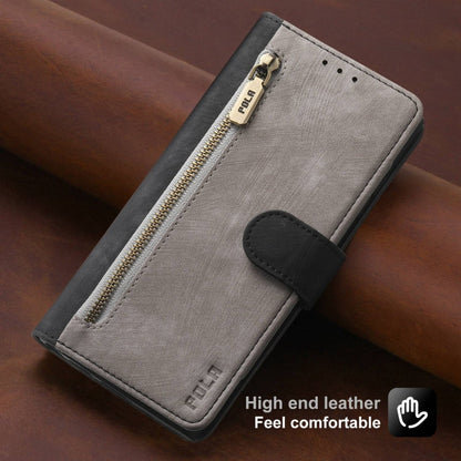 For iPhone 13 Pro POLA Dual-color Zipper Wallet RFID Leather Phone Case(Grey Black)