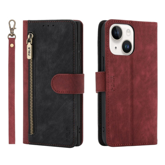 Pour iPhone 13, étui en cuir POLA avec portefeuille zippé bicolore et protection RFID (rouge et noir)