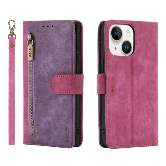 Pour iPhone 13 Étui portefeuille à glissière bicolore POLA en cuir avec protection RFID (rose violet)