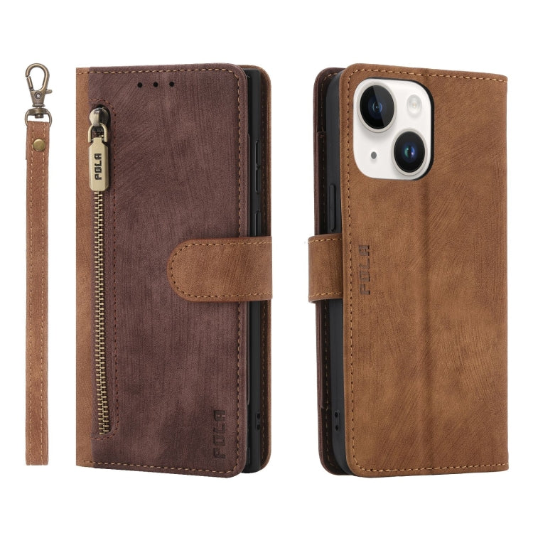 For iPhone 13 POLA Dual-color Zipper Wallet RFID Leather Phone Case(Burgundy Brown)