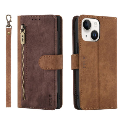 For iPhone 13 POLA Dual-color Zipper Wallet RFID Leather Phone Case(Burgundy Brown)