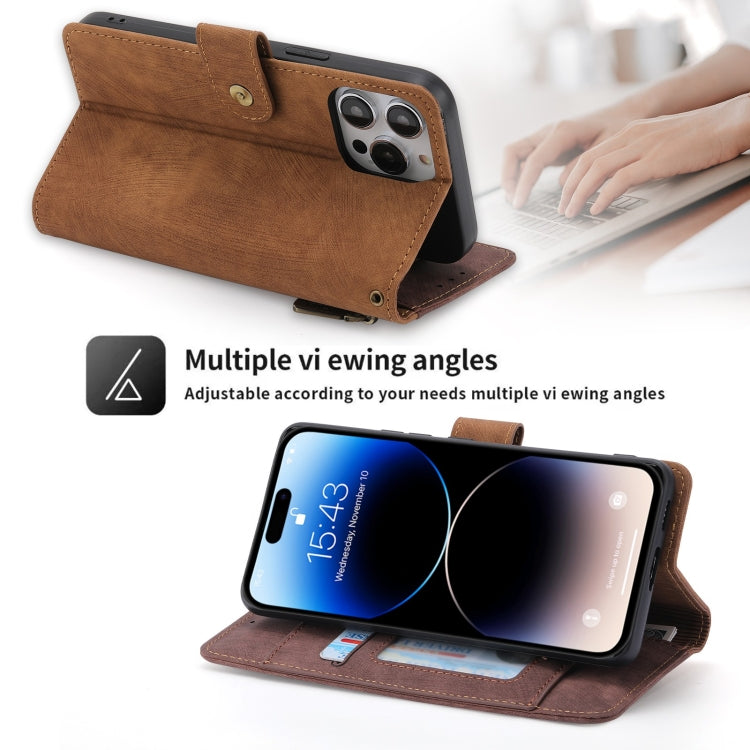 For iPhone 13 POLA Dual-color Zipper Wallet RFID Leather Phone Case(Burgundy Brown)