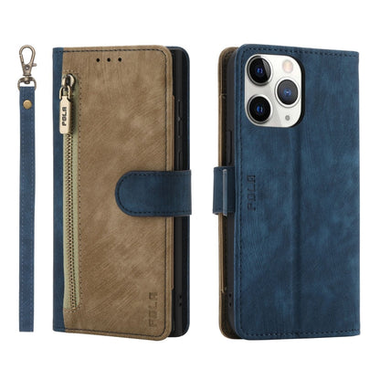 For iPhone 11 Pro Max POLA Dual-color Zipper Wallet RFID Leather Phone Case(Yellow Blue)