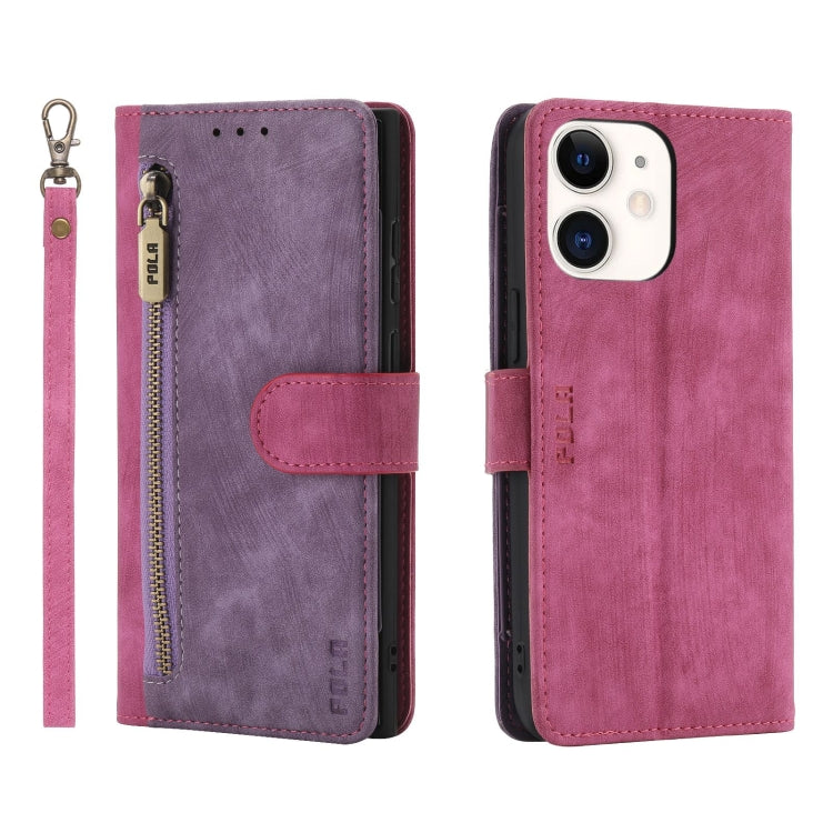 Pour iPhone 11 POLA Étui portefeuille en cuir double couleur avec fermeture éclair RFID (Violet Rose)