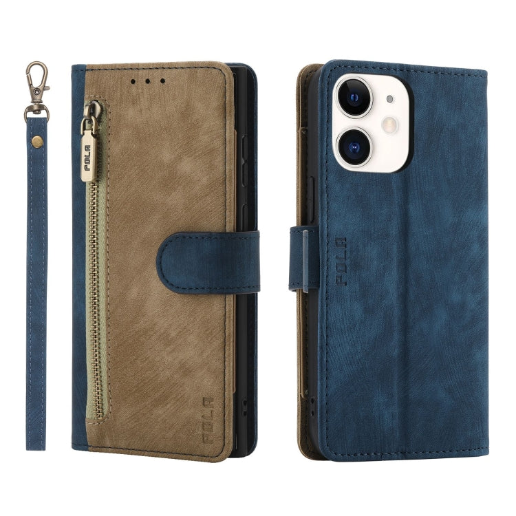 For iPhone 11 POLA Dual-color Zipper Wallet RFID Leather Phone Case(Yellow Blue)