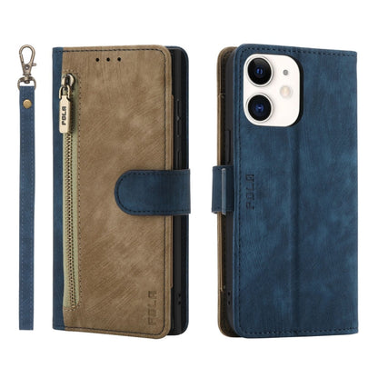 For iPhone 11 POLA Dual-color Zipper Wallet RFID Leather Phone Case(Yellow Blue)