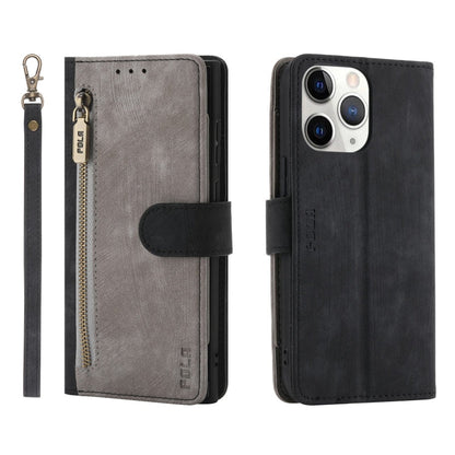 For iPhone 11 Pro POLA Dual-color Zipper Wallet RFID Leather Phone Case(Grey Black)