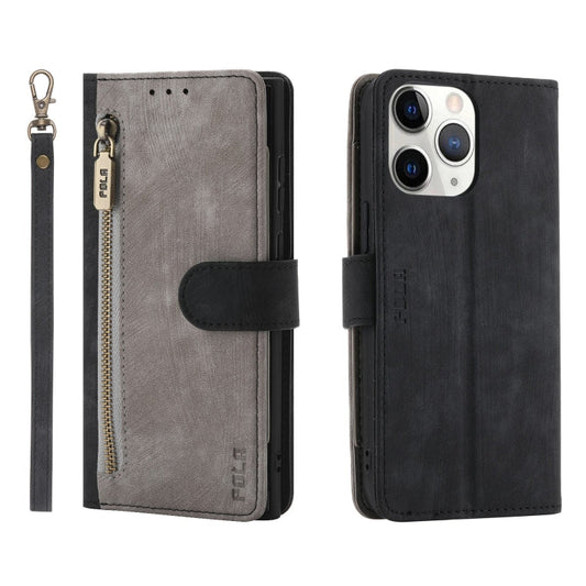 For iPhone 11 Pro POLA Dual-color Zipper Wallet RFID Leather Phone Case(Grey Black)