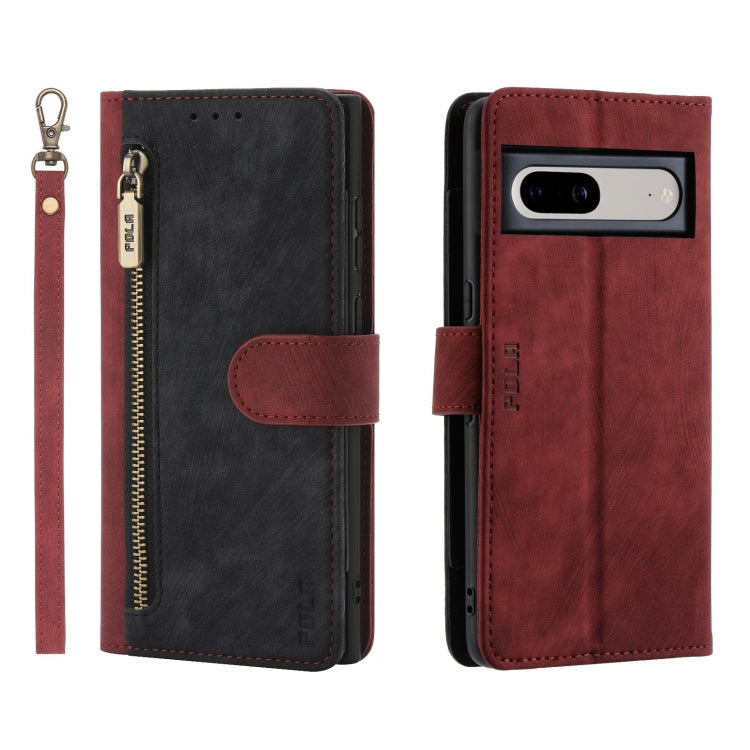 For Google Pixel 7 POLA Dual-color Zipper Wallet RFID Leather Phone Case(Red Black)
