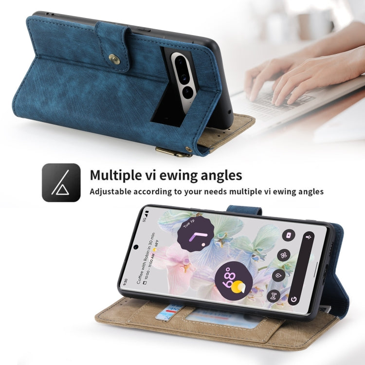 For Google Pixel 7 POLA Dual-color Zipper Wallet RFID Leather Phone Case(Yellow Blue)