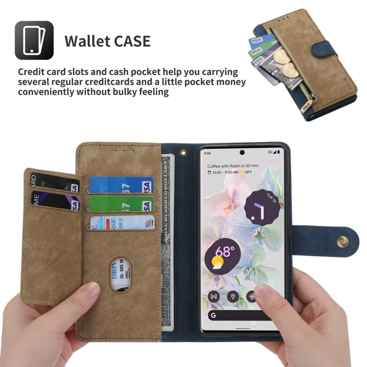 For Google Pixel 7 POLA Dual-color Zipper Wallet RFID Leather Phone Case(Yellow Blue)