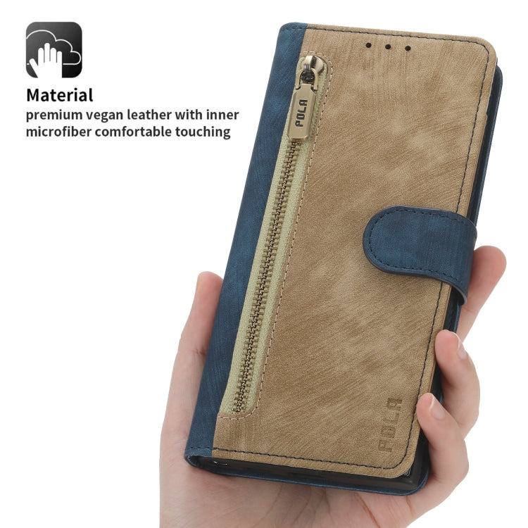 For Google Pixel 7 Pro POLA Dual-color Zipper Wallet RFID Leather Phone Case(Yellow Blue)