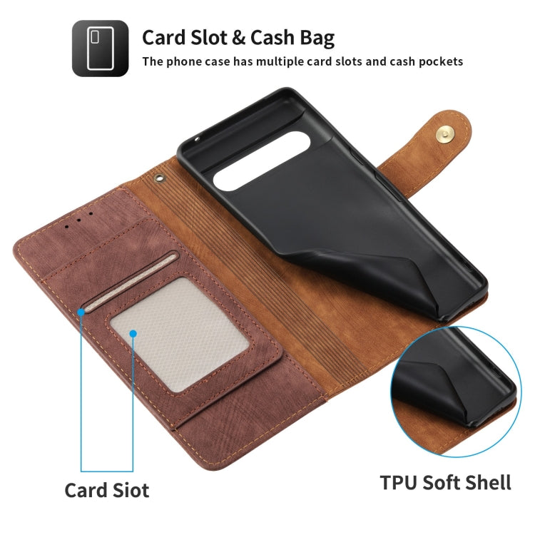 For Google Pixel 7 Pro POLA Dual-color Zipper Wallet RFID Leather Phone Case(Burgundy Brown)