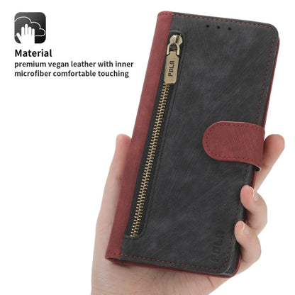For Samsung Galaxy S22 Ultra 5G POLA Dual-color Zipper Wallet RFID Leather Phone Case(Red Black)