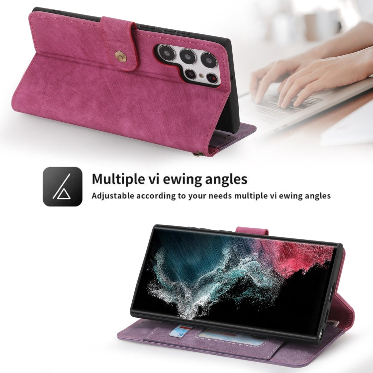 For Samsung Galaxy S22 Ultra 5G POLA Dual-color Zipper Wallet RFID Leather Phone Case(Purple Pink)