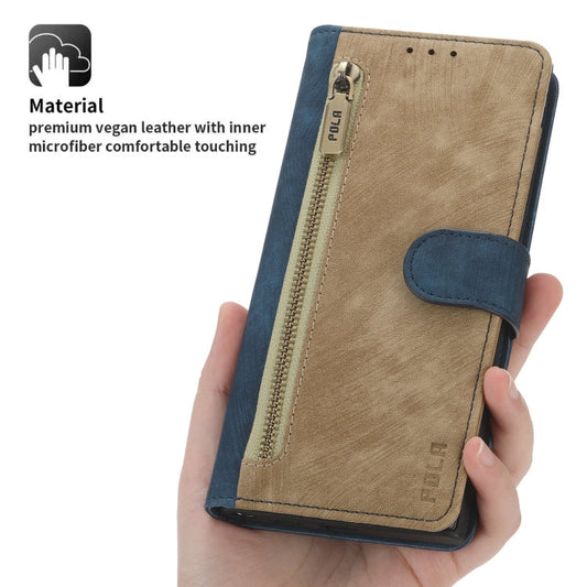 For Samsung Galaxy S22 Ultra 5G POLA Dual-color Zipper Wallet RFID Leather Phone Case(Yellow Blue)