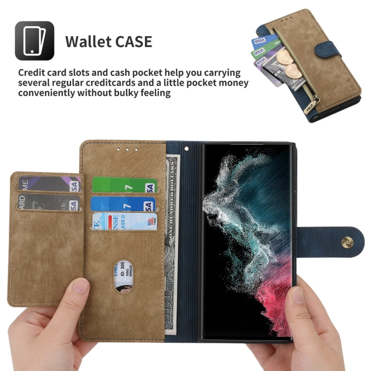 For Samsung Galaxy S22 Ultra 5G POLA Dual-color Zipper Wallet RFID Leather Phone Case(Yellow Blue)