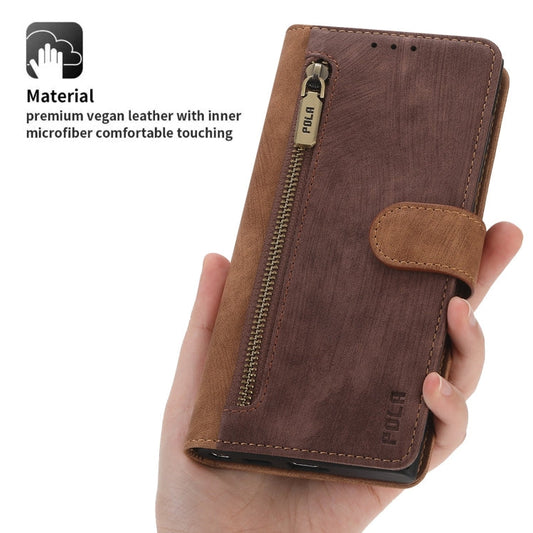 For Samsung Galaxy S22 Ultra 5G POLA Dual-color Zipper Wallet RFID Leather Phone Case(Burgundy Brown)