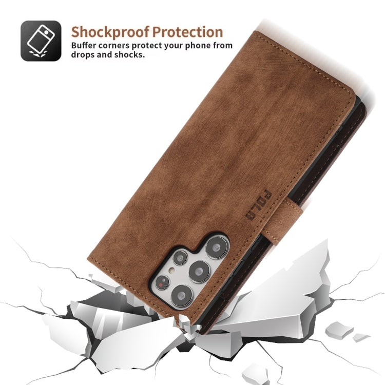 For Samsung Galaxy S22 Ultra 5G POLA Dual-color Zipper Wallet RFID Leather Phone Case(Burgundy Brown)