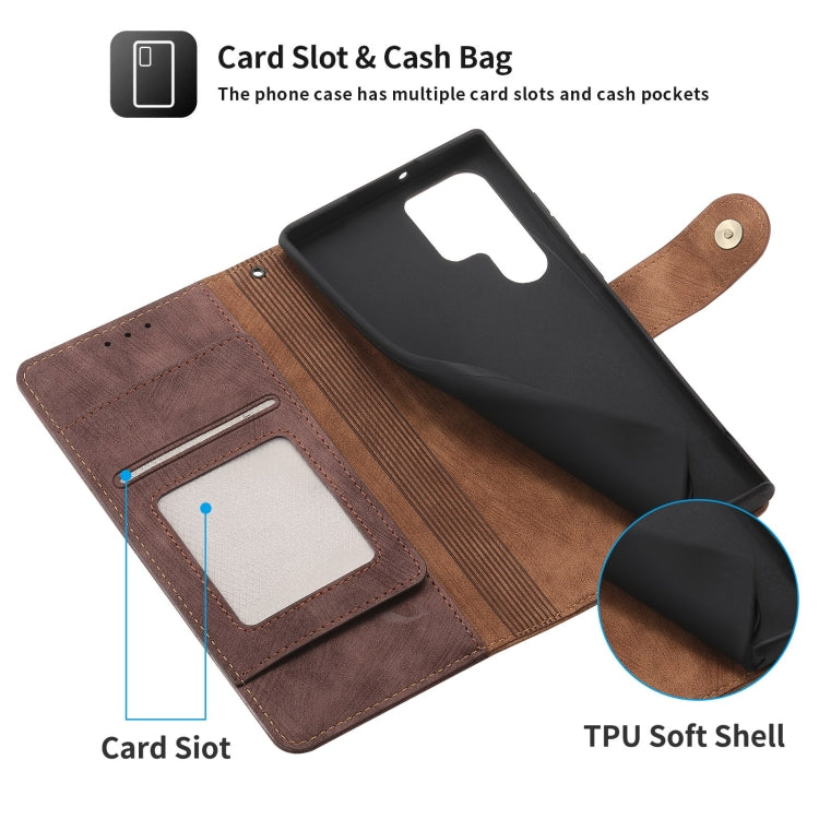 For Samsung Galaxy S22 Ultra 5G POLA Dual-color Zipper Wallet RFID Leather Phone Case(Burgundy Brown)