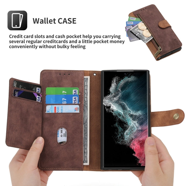 For Samsung Galaxy S22 Ultra 5G POLA Dual-color Zipper Wallet RFID Leather Phone Case(Burgundy Brown)