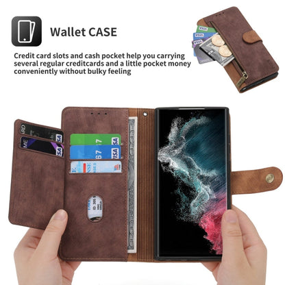 For Samsung Galaxy S22 Ultra 5G POLA Dual-color Zipper Wallet RFID Leather Phone Case(Burgundy Brown)