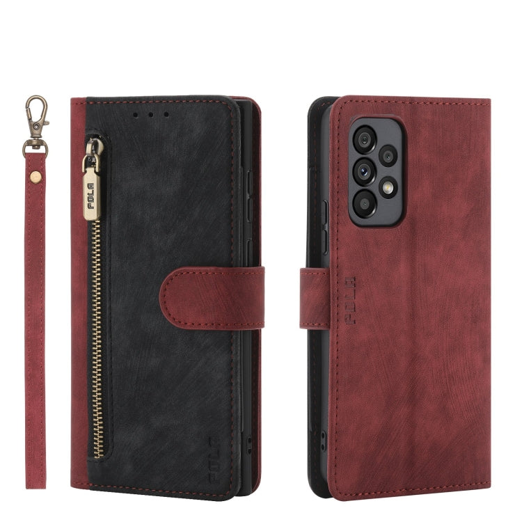 For Samsung Galaxy A53 POLA Dual-color Zipper Wallet RFID Leather Phone Case(Red Black)