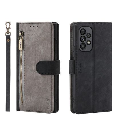For Samsung Galaxy A53 POLA Dual-color Zipper Wallet RFID Leather Phone Case(Grey Black)