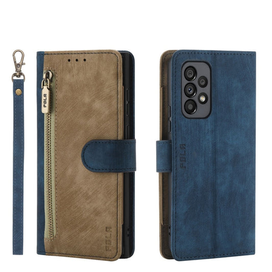 For Samsung Galaxy A53 POLA Dual-color Zipper Wallet RFID Leather Phone Case(Yellow Blue)