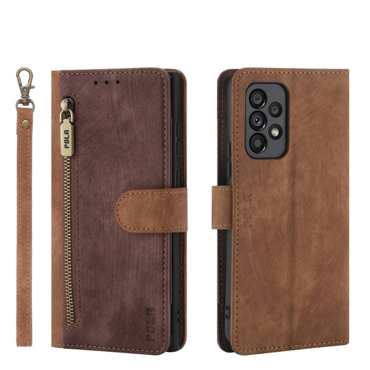 For Samsung Galaxy A53 POLA Dual-color Zipper Wallet RFID Leather Phone Case(Burgundy Brown)