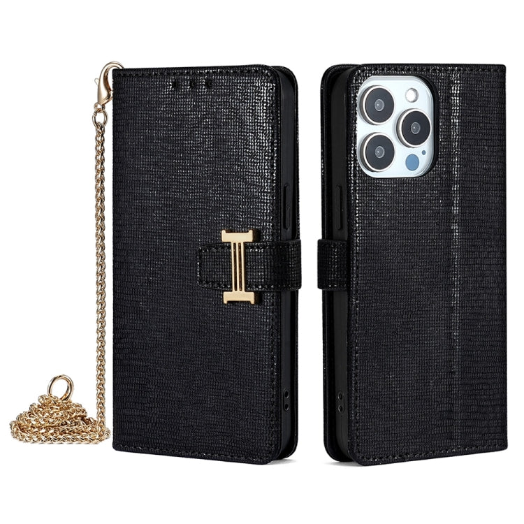 For iPhone 15 Pro POLA Crossbody Chain I-Shape Buckle Sequins Leather Phone Case(Black)