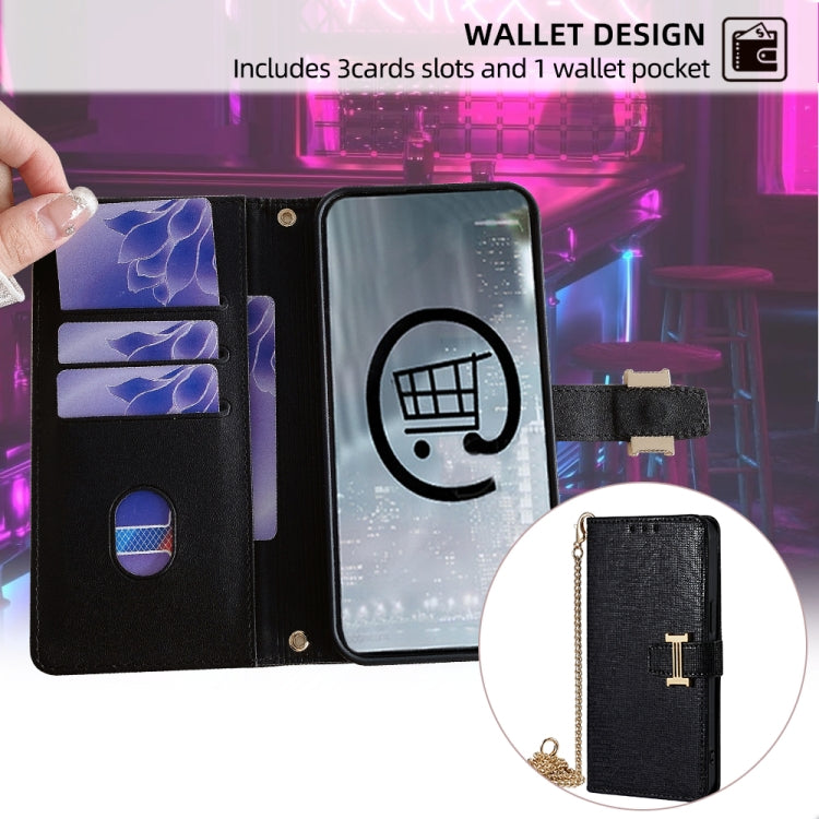 For iPhone 15 Pro POLA Crossbody Chain I-Shape Buckle Sequins Leather Phone Case(Black)