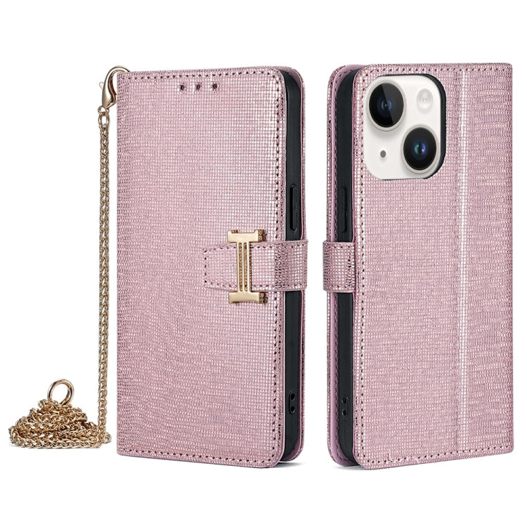 For iPhone 15 Plus POLA Crossbody Chain I-Shape Buckle Sequins Leather Phone Case(Rose Gold)