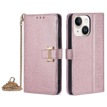 For iPhone 15 Plus POLA Crossbody Chain I-Shape Buckle Sequins Leather Phone Case(Rose Gold)