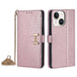 For iPhone 15 Plus POLA Crossbody Chain I-Shape Buckle Sequins Leather Phone Case(Rose Gold)