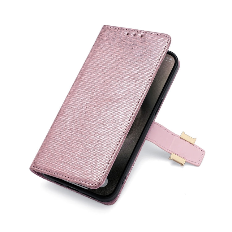 For iPhone 15 Plus POLA Crossbody Chain I-Shape Buckle Sequins Leather Phone Case(Rose Gold)