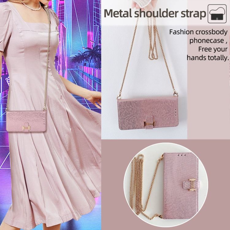 For iPhone 15 Plus POLA Crossbody Chain I-Shape Buckle Sequins Leather Phone Case(Rose Gold)