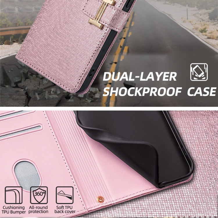 For iPhone 15 Plus POLA Crossbody Chain I-Shape Buckle Sequins Leather Phone Case(Rose Gold)